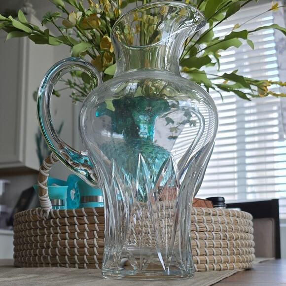 Block Crystal Clear Etched Pitcher Thick Glass, Heavy Bottom Juice Liquor Water - Picture 3 of 7